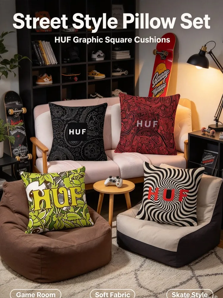 VIKAMAStreet Style Pillow Set, Graphic Print Square Throw Cushions, Soft Fabric Pillows for Sofa Bedroom Window Seat Game Room H