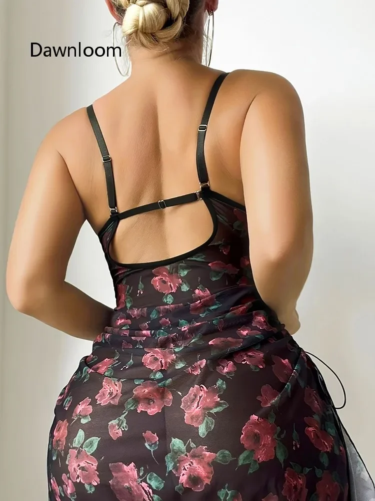 Dawnloom Black Base Red Rose Print Sheer Tulle Lace Underwired Thin Strap Drawstring Short Nightgown for Women Sexy Romantic view 6