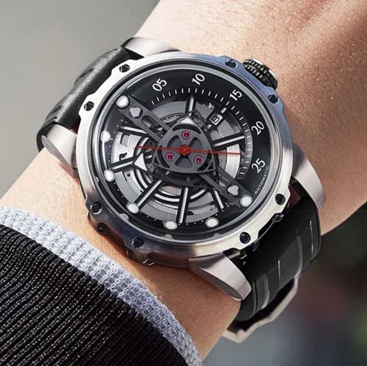 

Мужские автоматические часы HANBORO, 44 мм, механические наручные часы, водонепроницаемые на 100 м, светящийся циферблат Miyoto 8215, резиновый ремешок