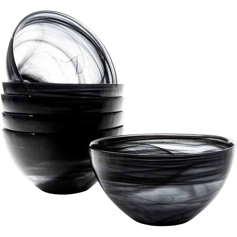 

Soup Bowl, Set of 6 Black Alabaster Bowls, 6" Bowl with Marbelized, Swirl Design, Large 32 Ounce Capacity, Dishwasher Safe