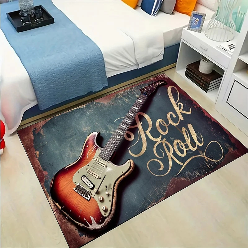 Vintage Distressed Electric Guitar Rock Roll Music Area Rug, Retro Rock N Roll Non-slip Floor Mat for Bedroom Music Studio Decor