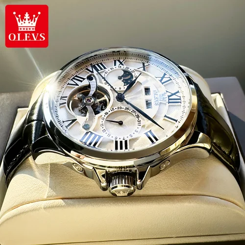 Imagen 2 del producto OLEVS 7013 reloj para hombre, reloj mecánico de fase lunar a la moda para hombre, reloj de mano automático con volante hueco a escala romana resistente al agua