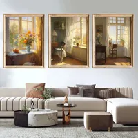 Vintage Interior Window Flowers Poster Country Cottage Balcony Landscape Oil Still Life Canvas Painting Wall Art Room Home Decor
