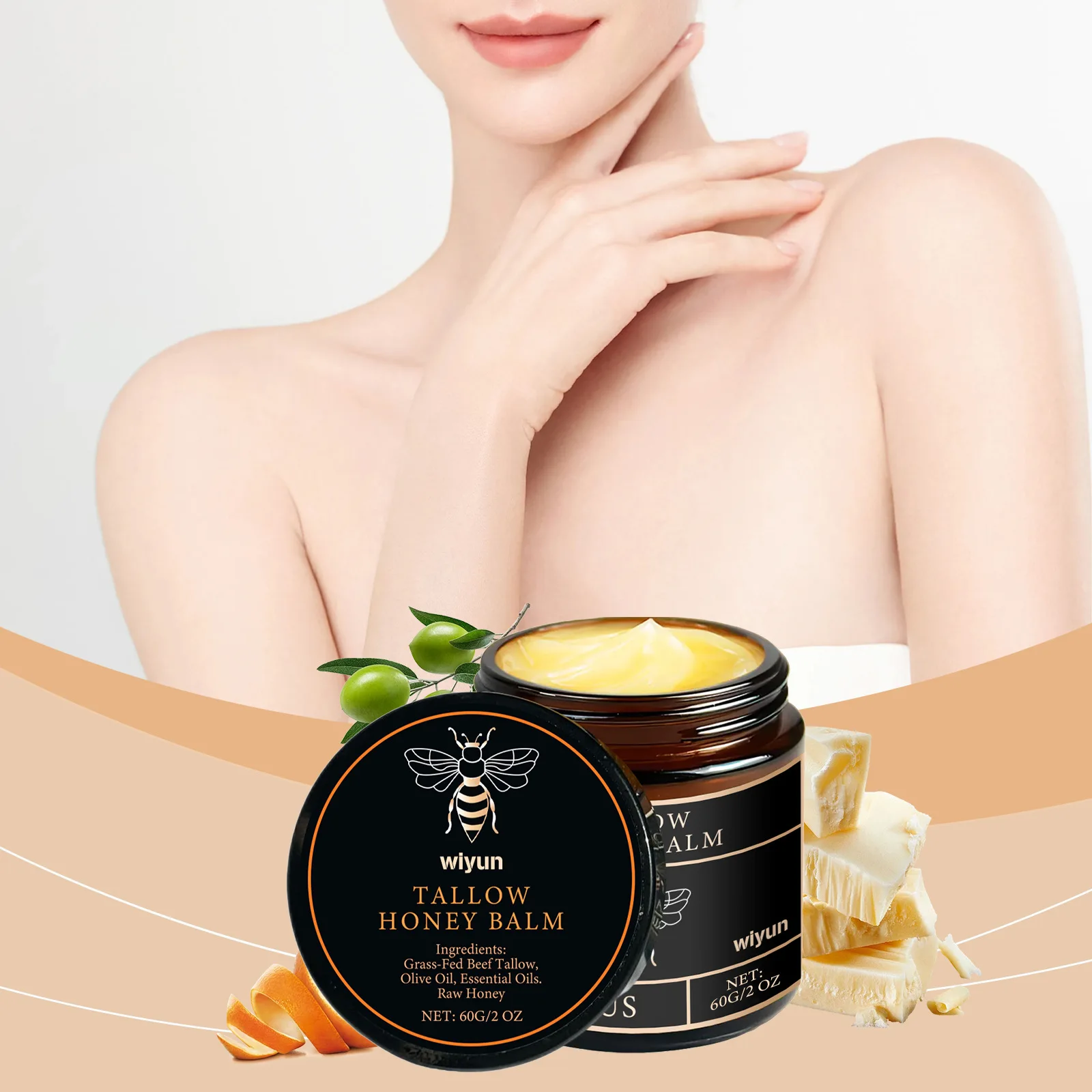 Organic Grass Fed Beef Tallow Balm Raw Honey Moisturizing Soft Improve Elasticity Long-Lasting Smooth Hydrating Cream Skin Care