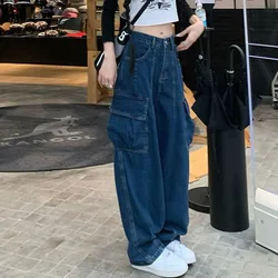 Zoki Vintage Dark Blue Women Cargo Jeans Summer Y2K Streetwear Loose Pocket High Waist Denim Pants Bf Straight Wide Leg Trousers