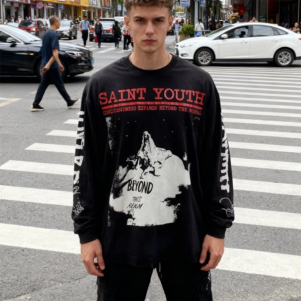 KUCLUT 1:1 أزياء أفضل جودة العلامة التجارية الفاخرة المطبوعة طويلة الأكمام بلايز المتضخم خمر المحملة فضفاضة 100% القطن تي شيرت للرجال