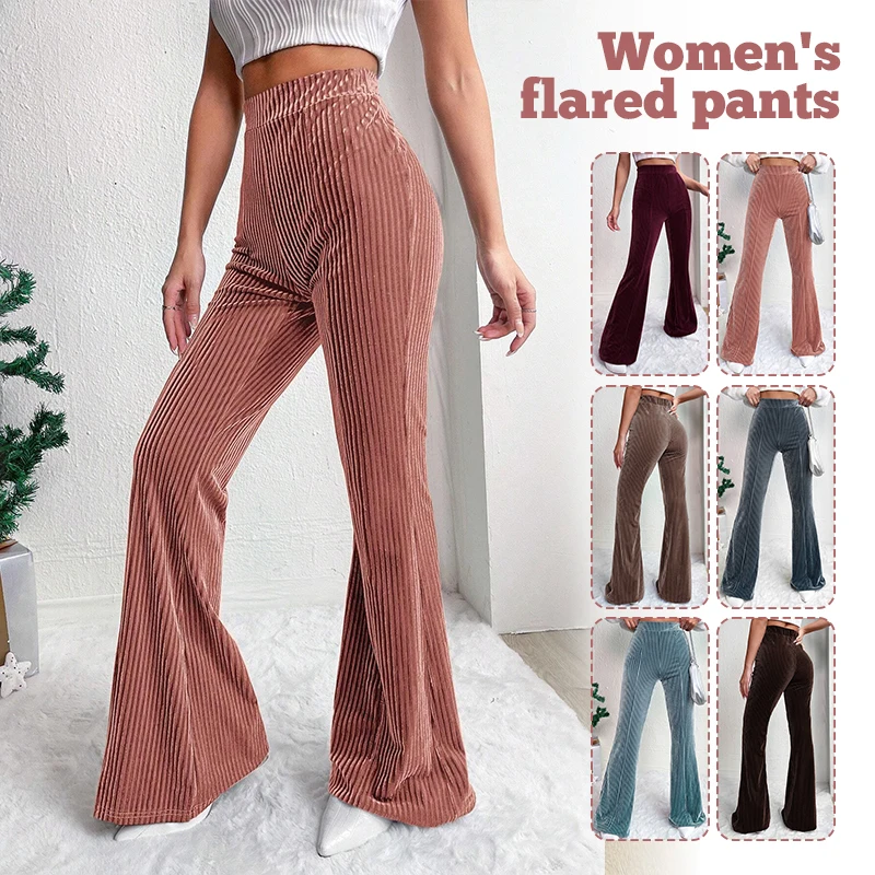 

Women High Waist Stretch Pleuche Ribbed Flare Pants Elegant Velvet Warm Bell Bottoms Autumn Winter Casual Long Trousers