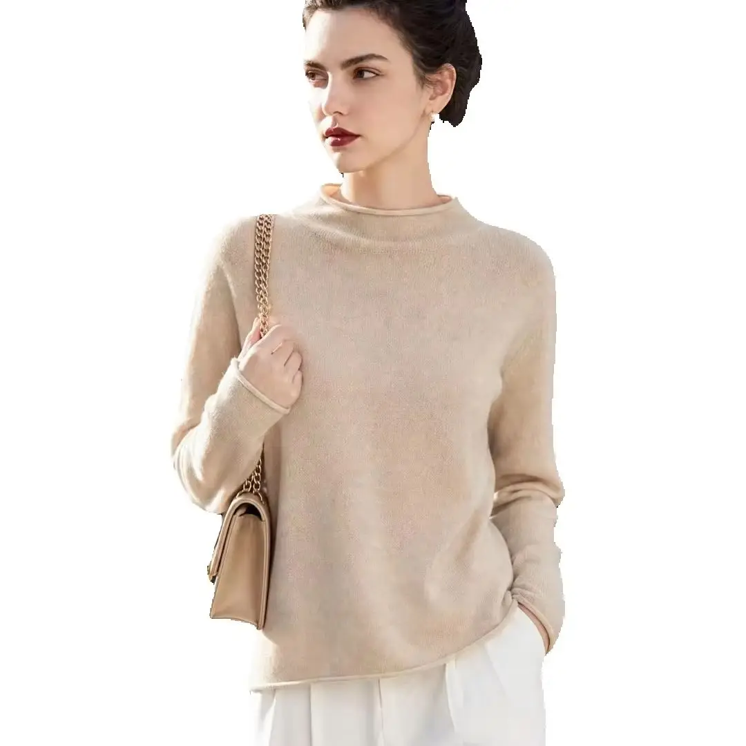 Women's 100% Cashmere Pullover Casual Solid Color Knitted Sweater Mock Neck Jumper Winter Warm Blouse Loose Tops Base Joker