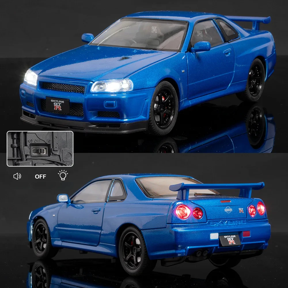 1:24 Nissan Skyline GTR R34 Fast & Furious Alloy Car Model Sound Light Collective Miniature Voiture Diecast Toy Vehicle Boy C342