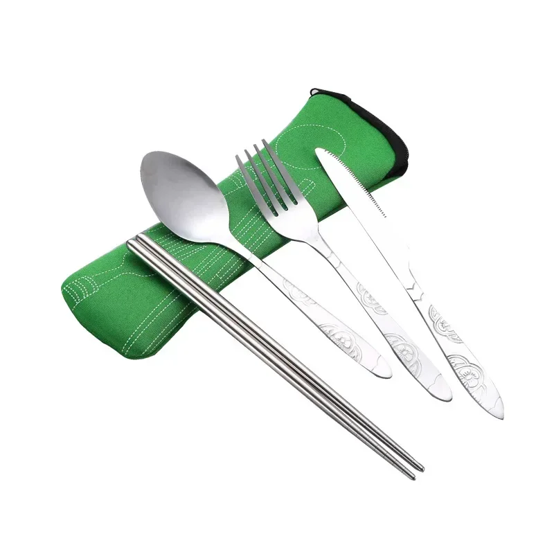 7pcs/ Set Picnic Tableware Set Portable Travel Cutlery Kit Case Cloth Bag Knife Fork Spoon Chopstick Straw Rich Flower Seven Set