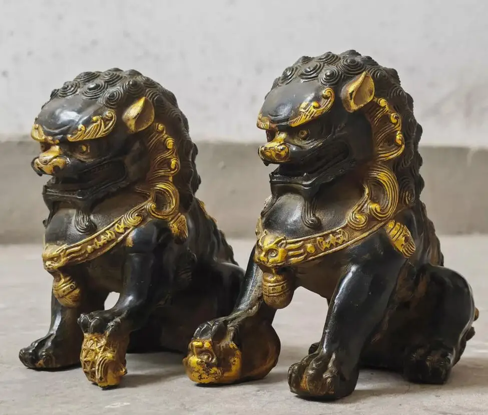 Antique Fengshui Bronze gilt Guardian Fu Foo Dogs Lion Door Leo Statue Lions set