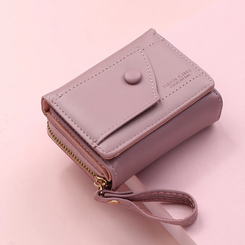 Tri-Fold Short Wallet Women'S Zipper Coin Purse PU Leather Clutch Simple Solid Color Versatile Fashion Money Pouch Cash Storage