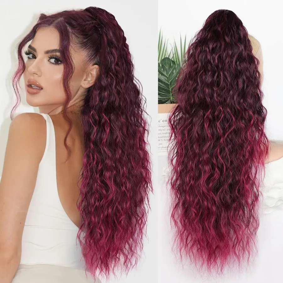 26インチ-ブラックブラウンにバーガンディレッドのハイライト入り-合成ロングカールウェーブポニーテールエクステ-女性用-クロークリップインヘアピース