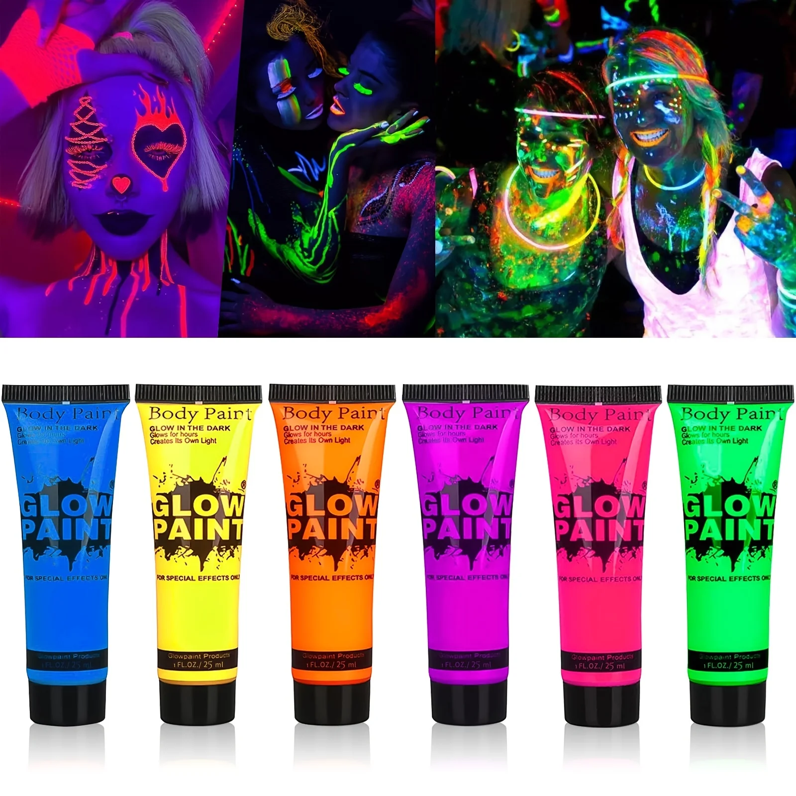 

6 Colors Quicker Dry Glow in The Dark Body and Face Paint for Halloween Parties Washable Fluorescent Makeup for Music Festiva