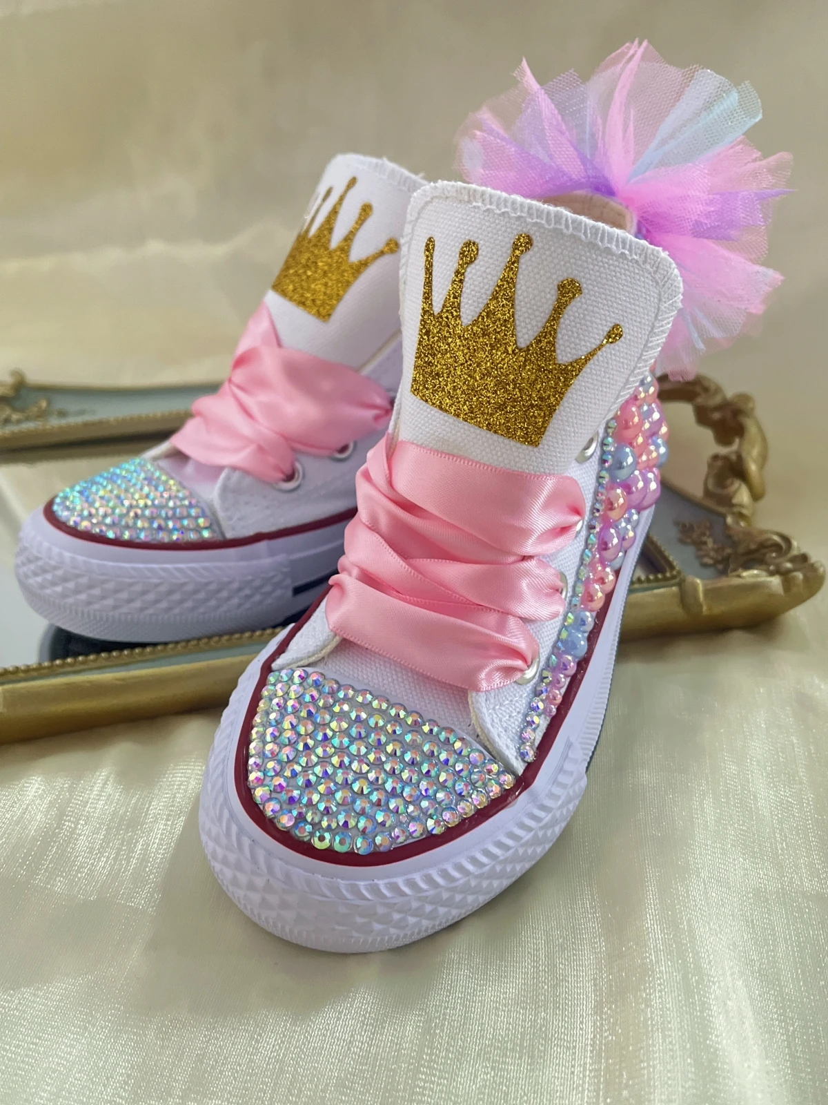 

Shell Simulation DIY Bling Handmade Shoes Canvas Mermaid Theme Kids High Top Pearls Sneakers For Girl Birthday Party Dollbling