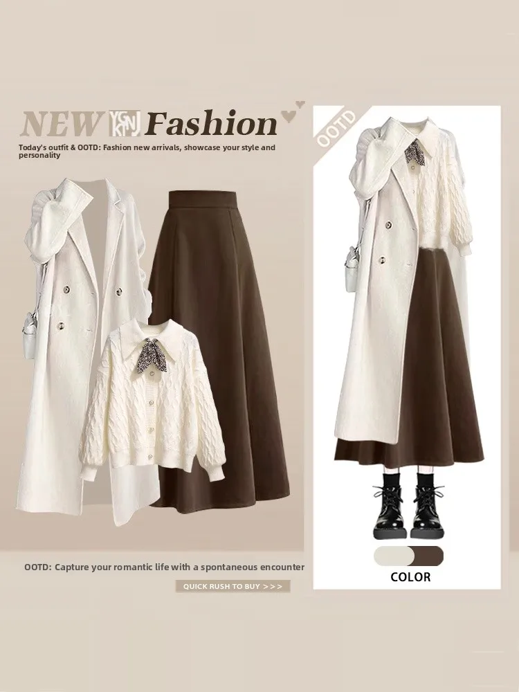 

Fashionable Commute Style Knitted Sweater Windbreaker Coat Midi Skirt Set Women's High Waist Long Sleeve Korean Style Outfit