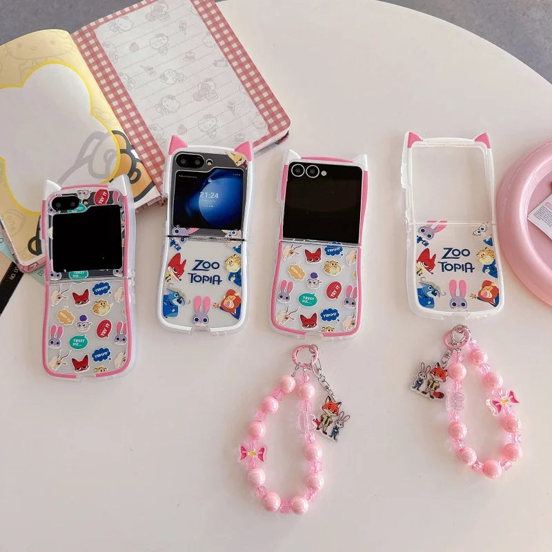 

Cute Cartoon Zootopia Judy Nick folding Disney Phone Case For Samsung Z Flip 3 4 5 6 7 7FE Funny Judy Nick Cover Wrist Strap﻿﻿﻿﻿