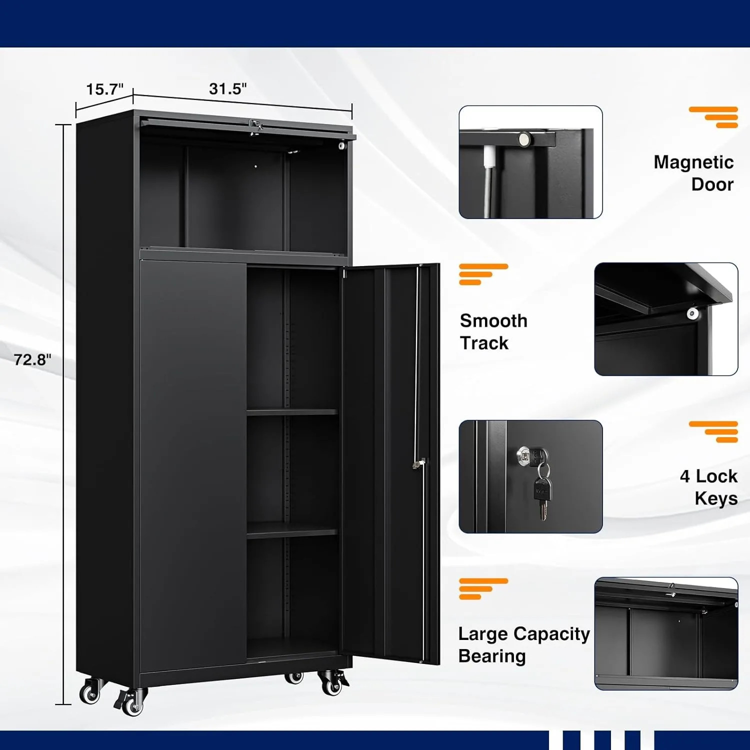 Gabinete de almacenamiento de garaje de metal con ruedas, gabinete de almacenamiento de herramientas con ruedas con 2 puertas y estantes ajustables, gabinete con cerradura de acero de 72"