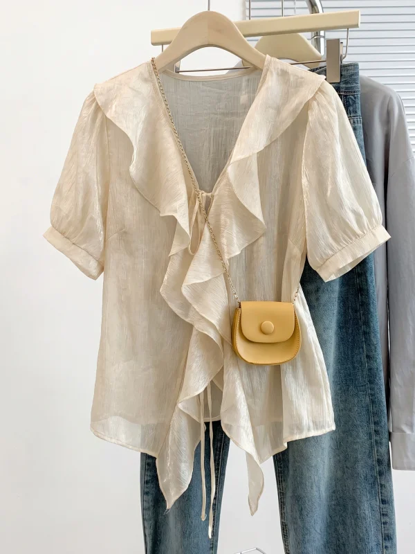 

Pleated V-neck Short Sleeve Women's Chiffon Shirt Beautiful Korean Style Commute Fashion plus Size Summer New Arrival Top