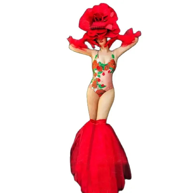 레드 빅 플라워 헤드웨어 로즈 폴 댄스 바디 슈트 섹시한 고고 댄서 의상 바 나이트 클럽 Dj Ds 무대 축제 복장 XS6806