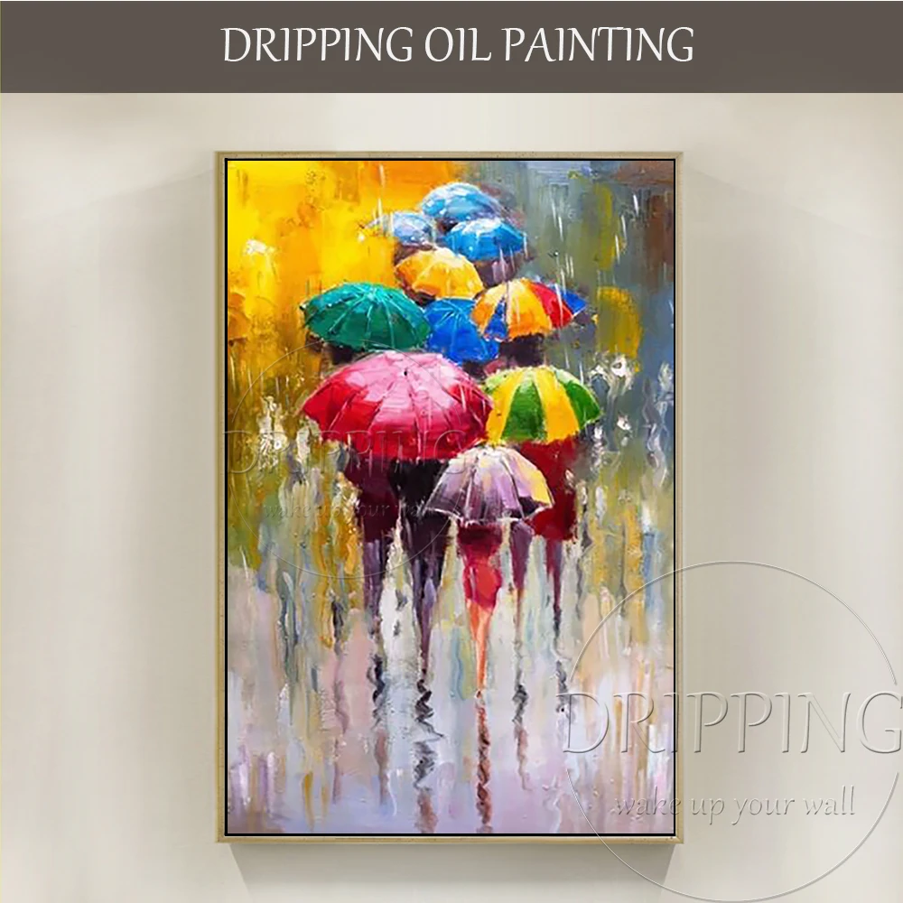 

Great Artist Hand-painted Abstract Landscape Rainy Day Oil Painting on Canvas Walking People Holding Umbrella Acrylic Painting