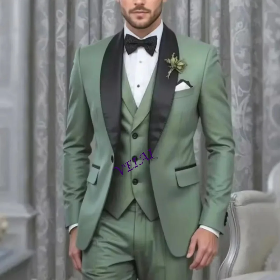 

CustomizedBlack Lapel Mint Green Formal Business Men Suit Groom Groomsman Wedding Party Prom Male Tuxedos 3 Piece Set Blazer Ves