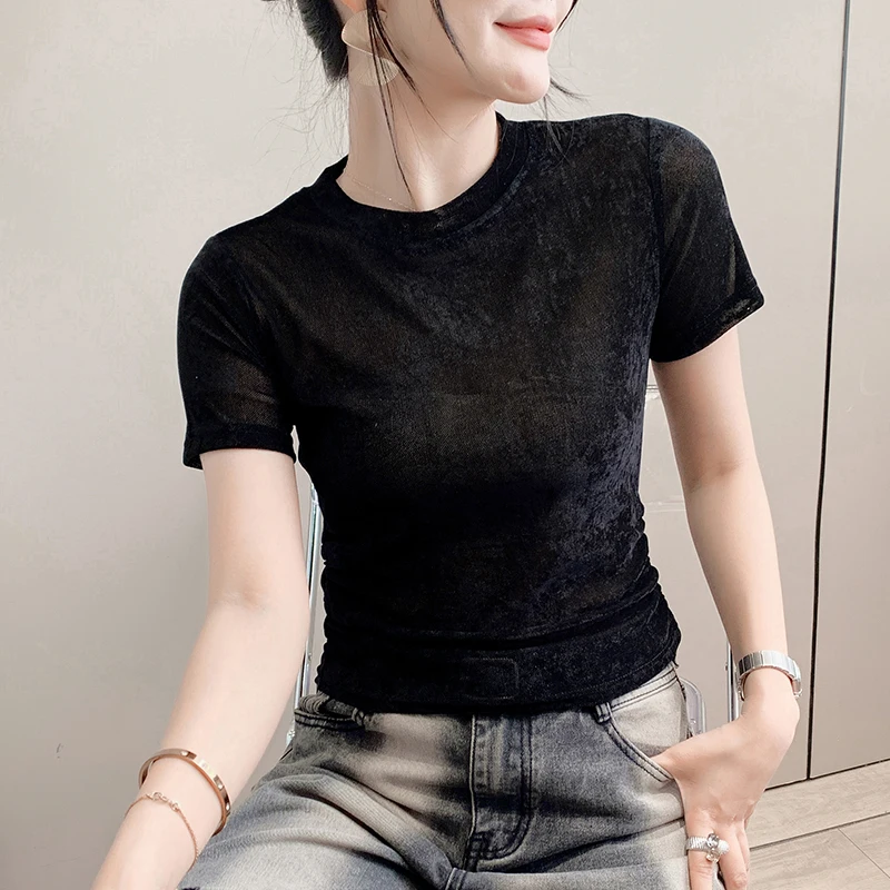 Camiseta de terciopelo con flores de hielo para mujer, camiseta de cintura alta, ort Sle, adelgazante, versión coreana, Top de verano