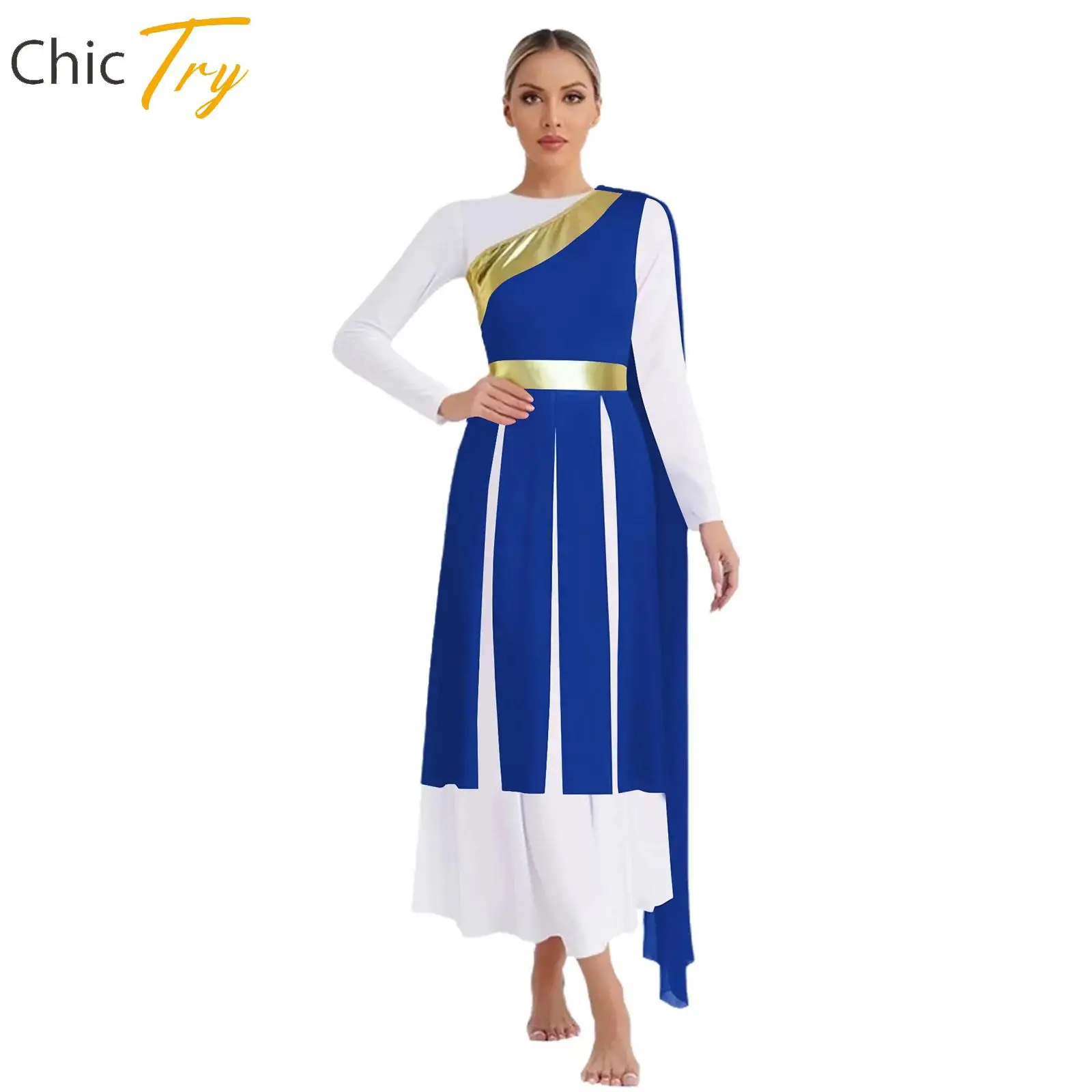 Womens Adults Lyrical Worship Praise Dance Dress One Shoulder with Drape Sleeveless Metallic Slit Hem Tunic Dress Dance Costume