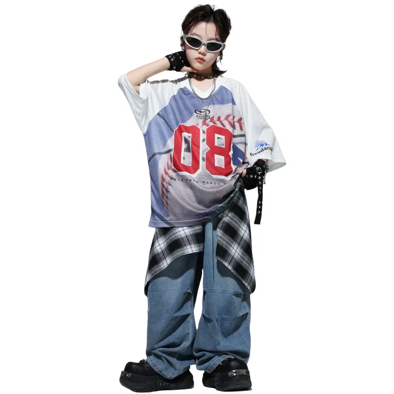 

Kid Kpop Hip Hop Clothing White Print Soccer Jersey T Shirt Stars Ripped Curved Blade Pants for Girl Boy Dance Costumes Clothes
