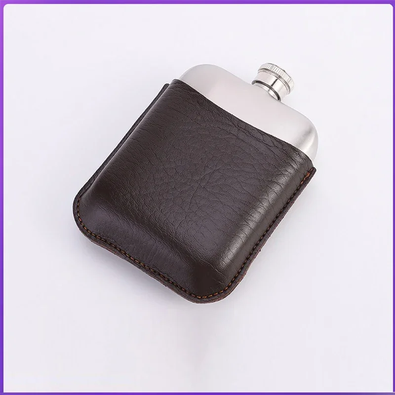 Pocket Hip Flask with Leather Case Outdoor Portable Flat Wine Bottle Men Alcohol Pot Leak-proof Container Screw Cap As Gift
