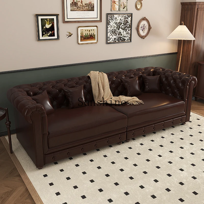 American retro leather sofa living room straight row classic buckle medieval solid wood sofa