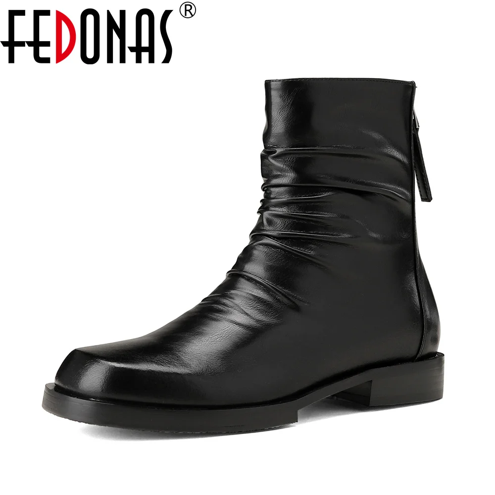 

FEDONAS Classic Women Black Ankle Boots Low Heels Genuine Leather Motorcycle Boots 2024 New Short Office Shoes Woman Boots