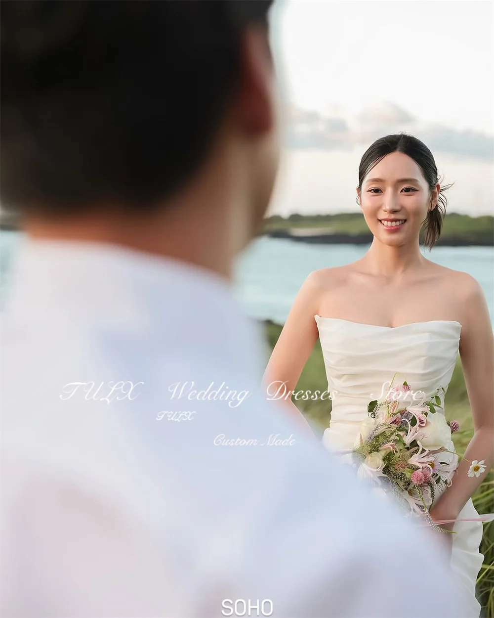 TULX elegante vestido de novia de gasa de color marfil sesión de fotos de Corea vestidos de novia largos de sirena sin tirantes corsé personalizado kurs 2026