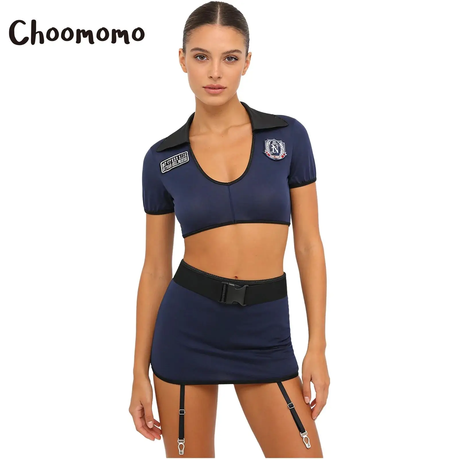 

Womens Policewoman Cosplay Lingerie Set Short Sleeve Crop Top with Garters Miniskirt T-back Thong Halloween Cop Officer Outfit