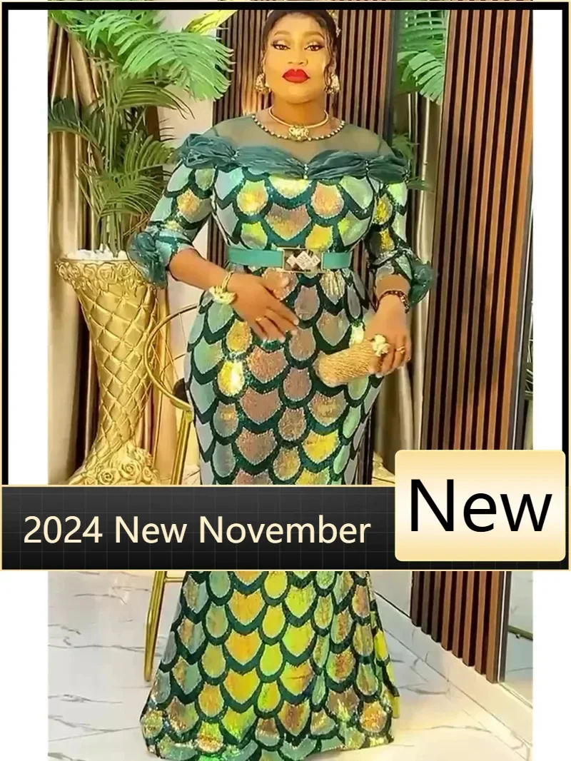

Customized 2025 African Dresses for Women Fashion Plus Size Sequin Evening Party Long Dress Dashiki Ankara Outfits Robe African