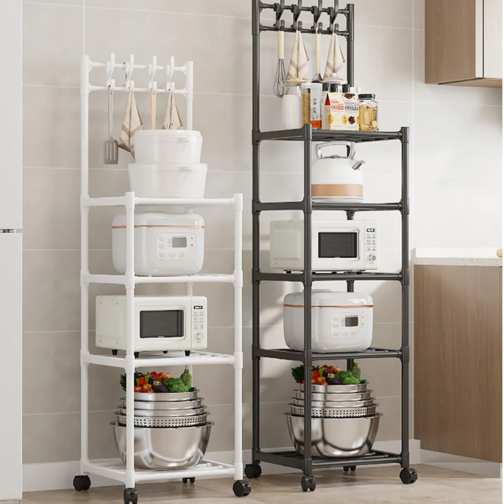 Kitchen Storage Shelf Multi-Layer Household Microwave Stove Rack with Pulley Kitchen Storage Cart Movable Household Floor Holder