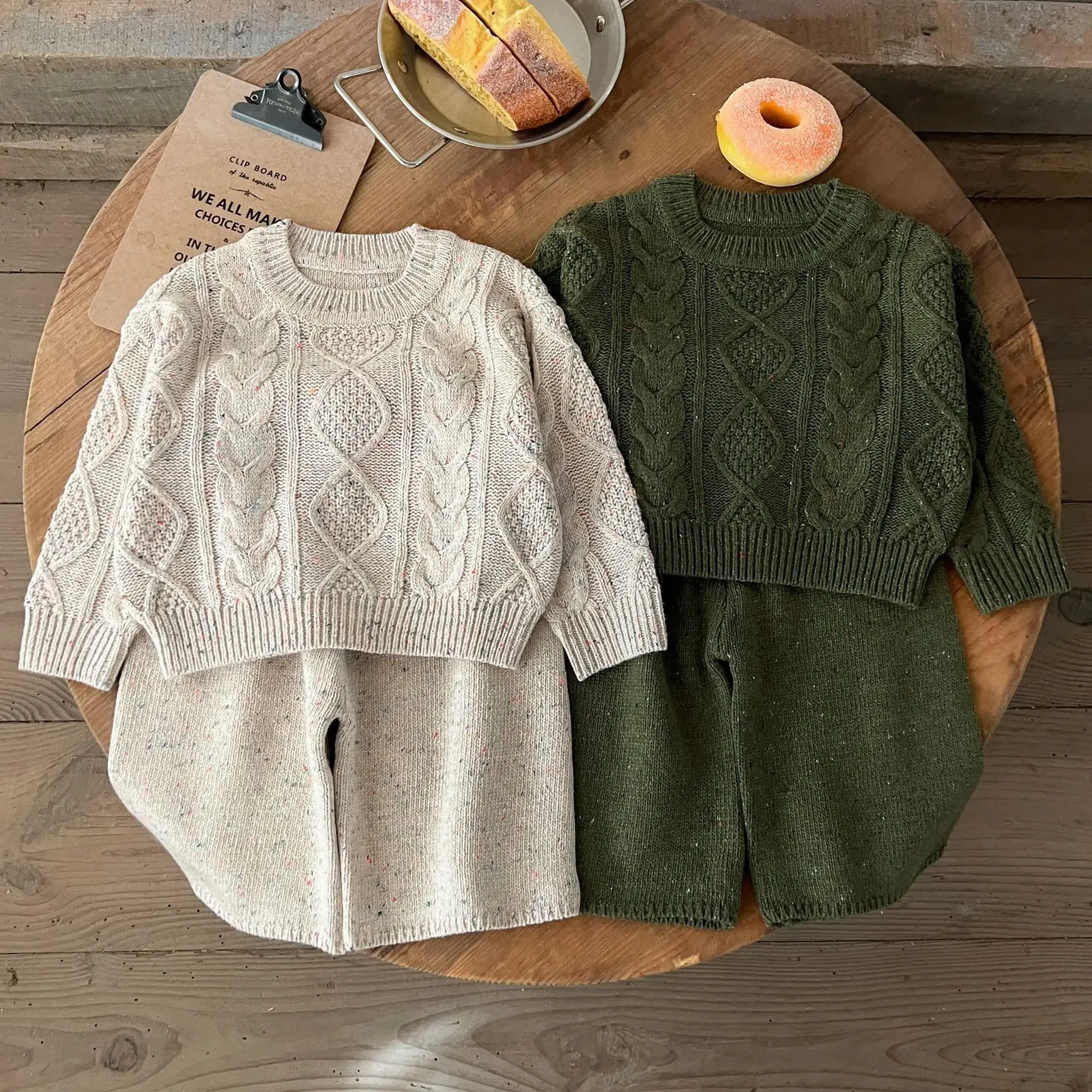 

Baby Girls Boys Sweater Pants Suit Spring Autumn Cotton Set Knitted Long Sleeved Pullover Elastic Waist Solid Casual Clothes