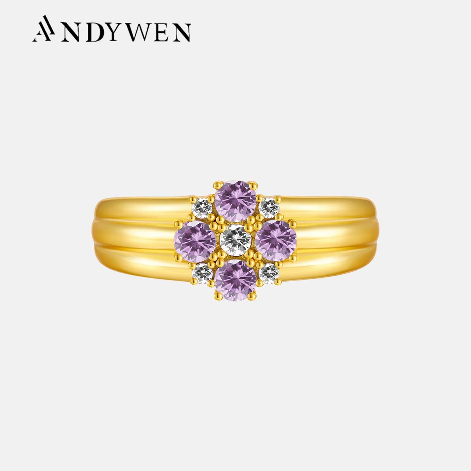 ANDYWEN 925 Sterling Silver Gold Flower Zircon Purple Blue lighter Ring Resizable Women Fine Jewelry New 2021 Wedding Gift