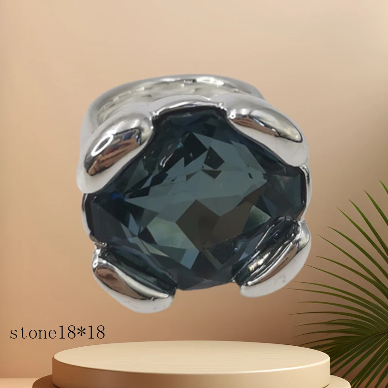 아름다운 사변형 블루 크리스탈 반지, 여성 쥬얼리, 유럽과 미국 패션 틈새, 2025 핫 세일