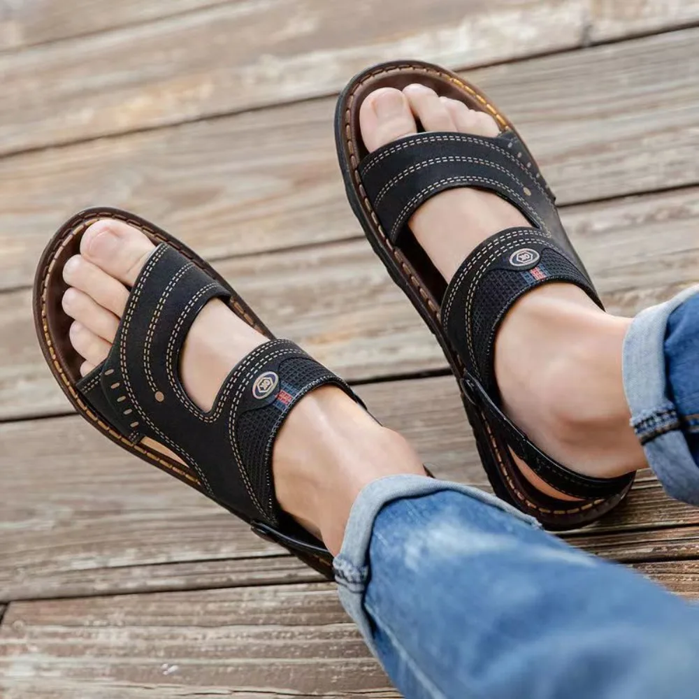 

Мужские повседневные шлепанцы с открытым носком, нескользящие, на толстой подошве, с пряжками на щиколотке, пляжная обувь, мужские шлепанцы на платформе для пляжа