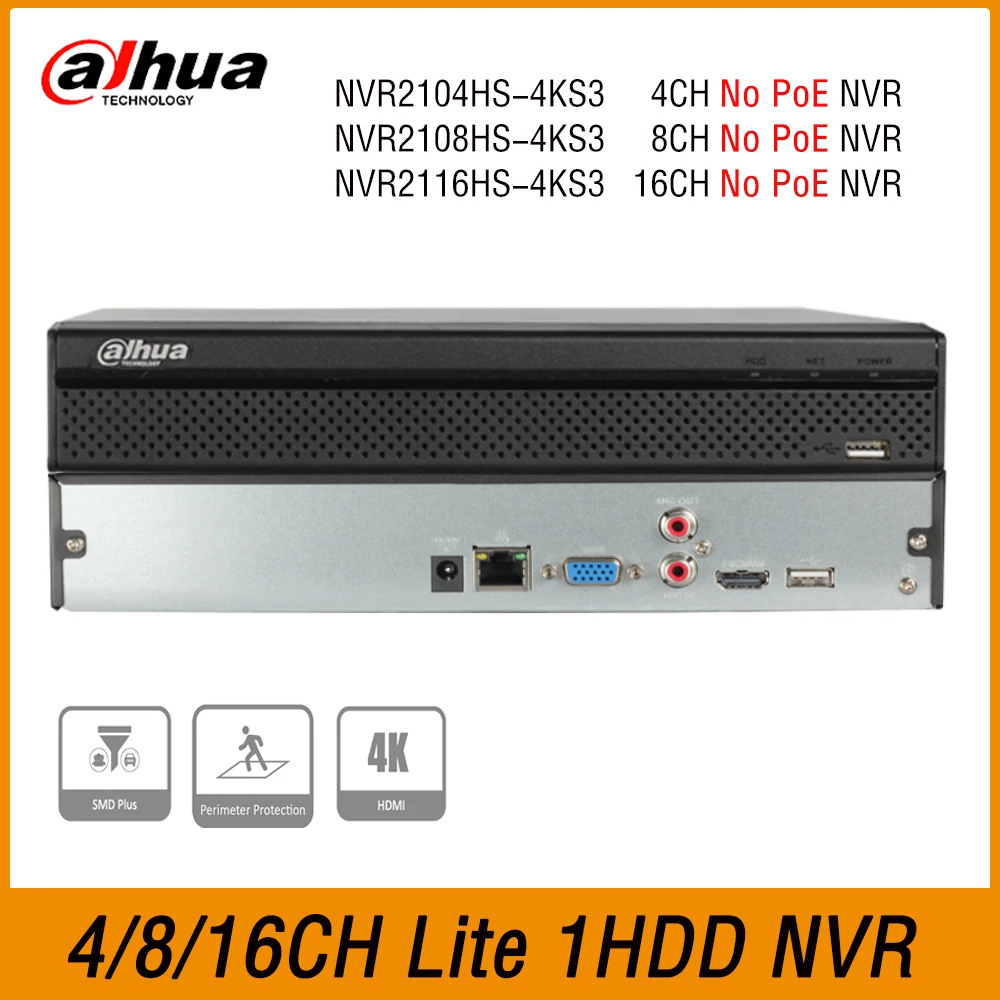 Dahua NVR2104HS-4KS3 NVR2108HS-4KS3 NVR2116HS-4KS3 4/8/16CH Compact 1U 1HDD 4K No PoE &H.265 Lite Network Video Recorder AI NVR