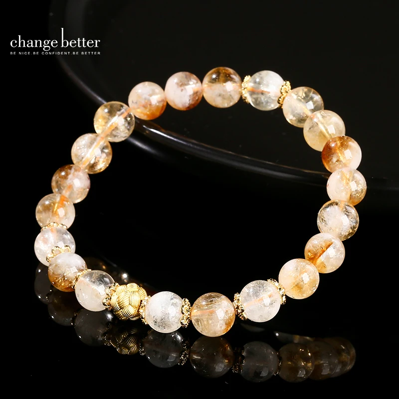 Natural Crystal Stone Golden Quartz Wealth Lucky Bracelts Women Fashion Elegant Round Bead Elastic Bracelet Couple Jewelry Gift