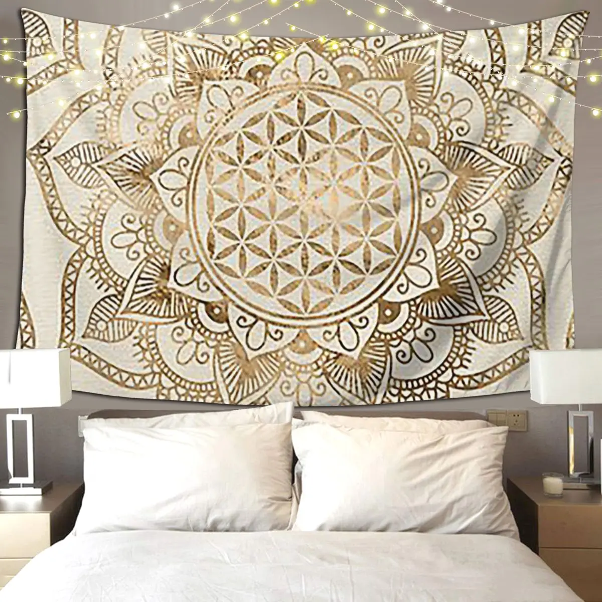 Flower Of Life In Lotus Pastel Golds And Canvas Tapestry Hippie Wall Hanging Aesthetic Home Decoration Tapestries Living Room