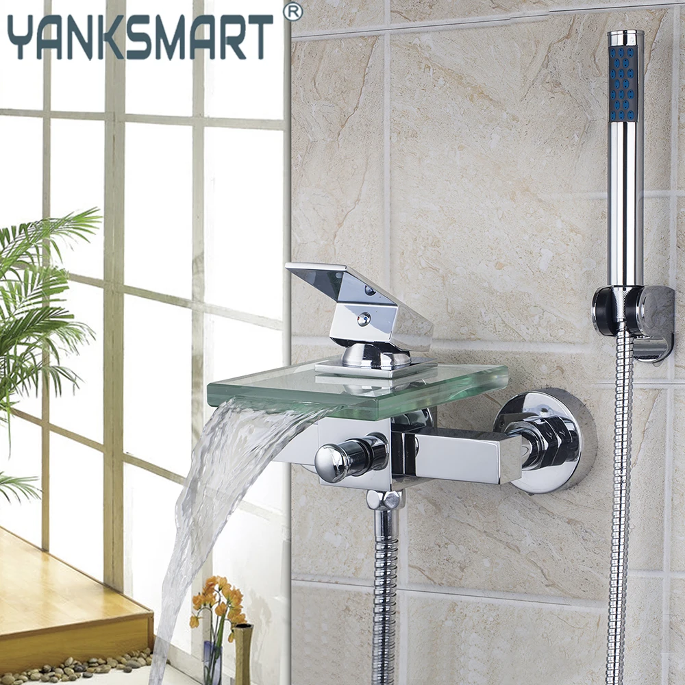 

YANKSMART Chrome Polished Bathtub Faucet Waterfall & Rainfall Shower Torneira Wall Mounted Bathroom Showers Mixer Water Tap