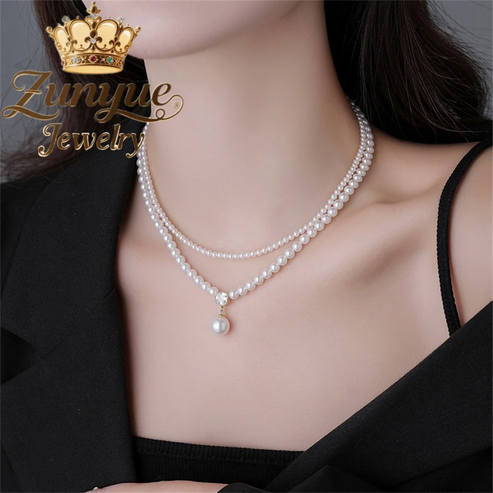 Charms Pearl Necklace, Light Luxury And High-End Pendant Double-Layer Layered Sweater Chain Best Selling Fashion Jewelry Elegant