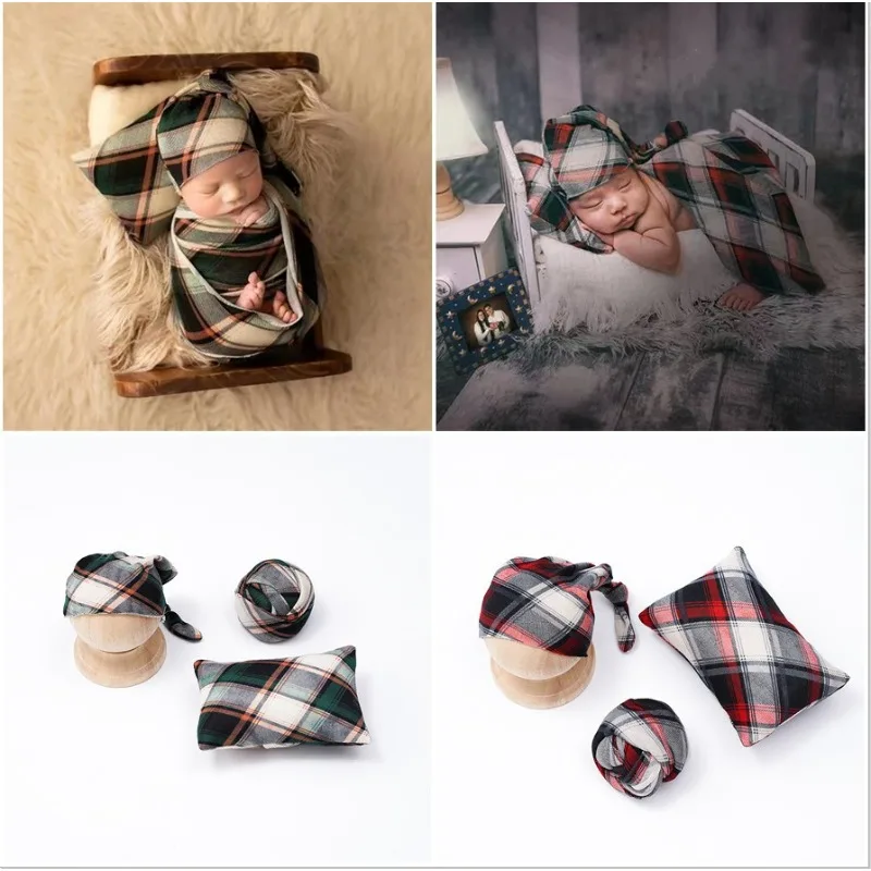 Newborn Photography Checkered Cloth Hat Pillow Baby Photography Studio Baby Shoes Clothing Props Newborn Photography Baby