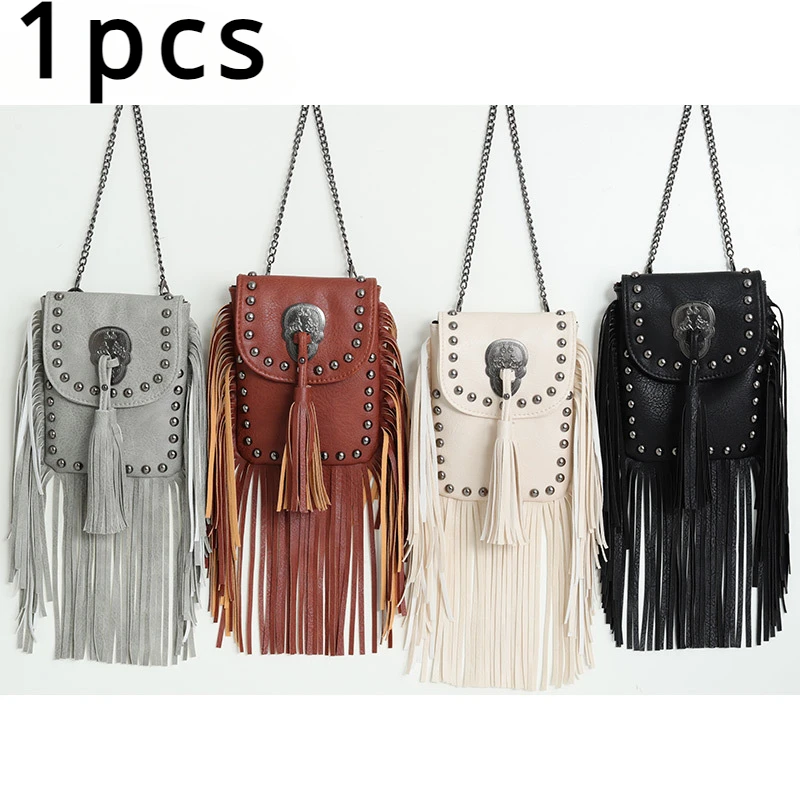 1pcs European and American Trendy Soft Leather Rivet Tassel Bag Chain Shoulder Crossbody Small Bag Women\'s Bag