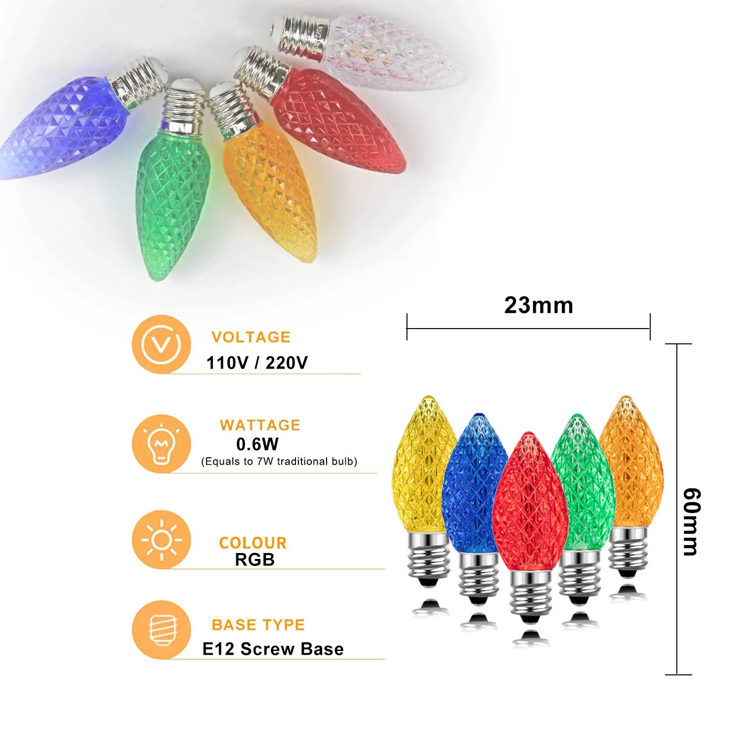 25pcs C7 LED Faceted Candle Light Bulb RGB E12 Base 110V 220V Shatterproof Plastic Bulb For String Light Christmas Holiday Decor