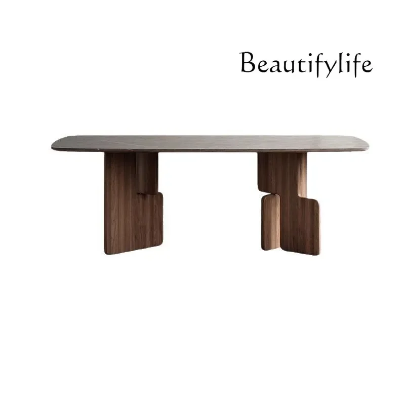 N40 Medieval rock slab rectangular dining table French small apartment minimalist solid wood home retro designer wooden table