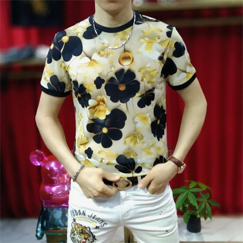 Luxury Thread Ice Silk T-shirt Men Summer Short Sleeve Retro Floral Print Casual Slim Round Neck T-shirts Social Party Tee Tops